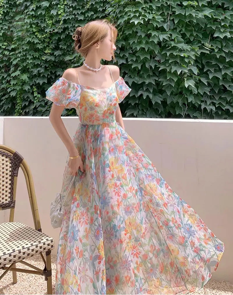 Women's French First Love Puff Sleeves Floral Long Dress Summer Dresses Cool and Breathable Bare Shoulder Korean Fashion 2024