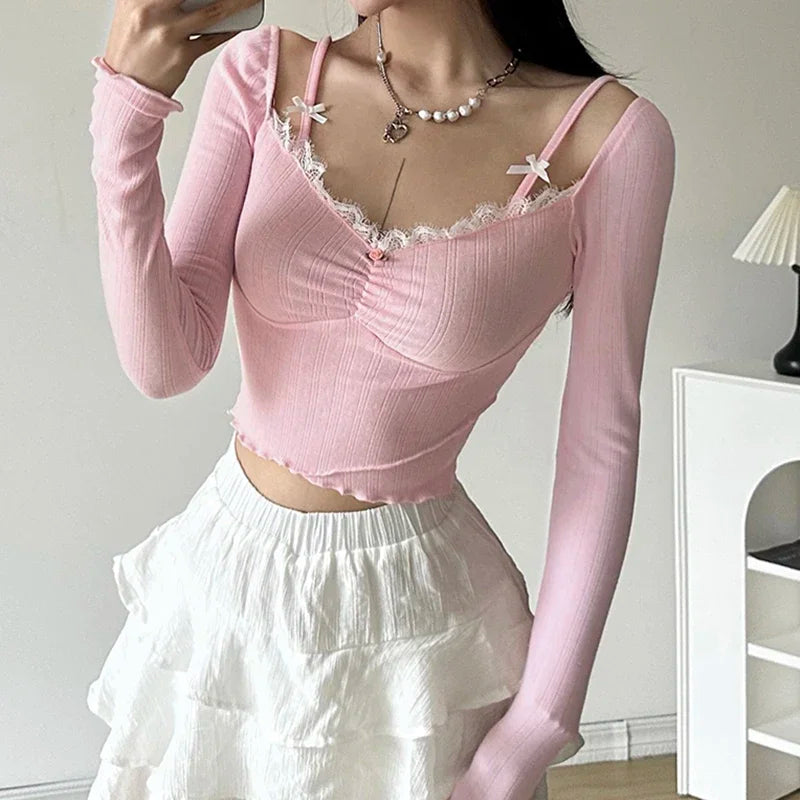 warmmeta-Sweet Lace Stitching V-neck Skinny Top Pink Coquette Aesthetic Slim-fit Long Sleeve Knitted T-shirts Cute Casual Tees