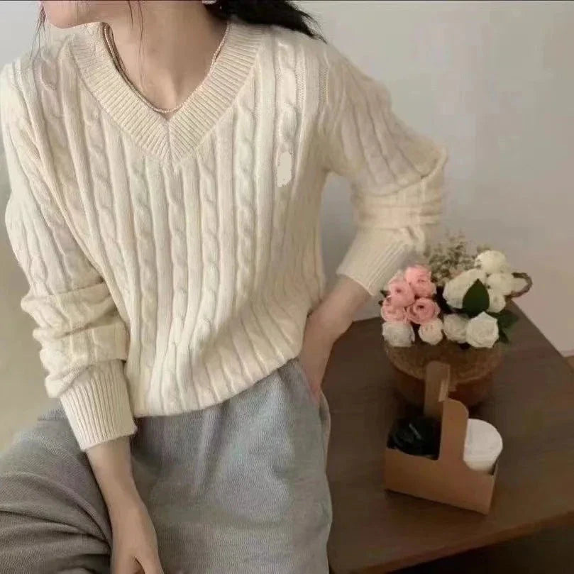 warmmeta New High-quality V-neck Sweaters Women Twist Pullover Knitted Jumper Loose Pullover Slim Blouse Top Long Sleeve Casual Knitwear