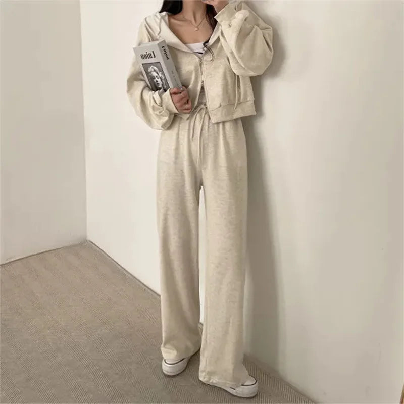 Women Pants Suits 2023 New Fall Korean Style Long Sleeved Zipper Top High Waist Casual Female Loose Sports 2 Piece Pants Sets