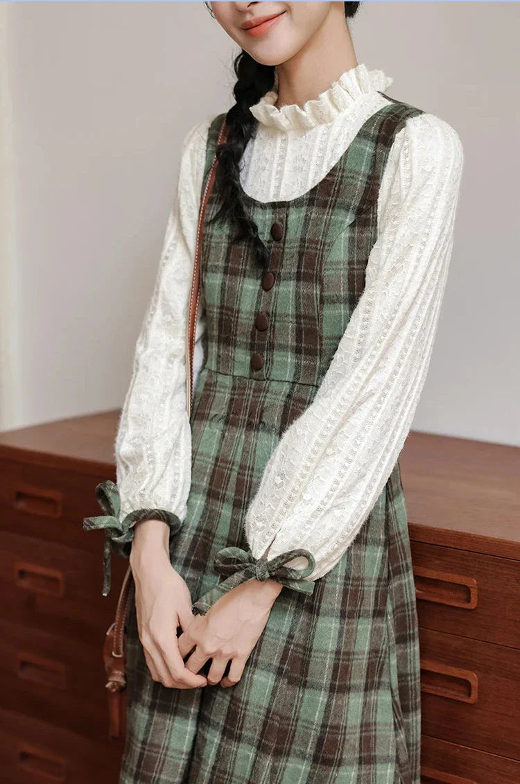 Slower Life Plaid Long Sleeve Cottagecore Dress