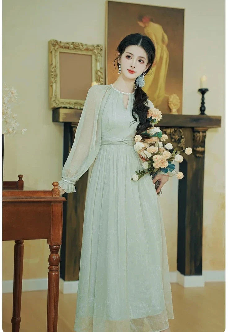 Nafia Seafoam-Green Pearl Beaded Romantic Princess Dress