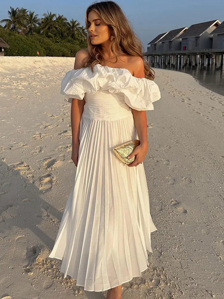 Women's Sexy Off Shoulder Backless Sleeveless Maxi Dress Vestidos Female Ruffles Loose Vacation Beach Robe Lady Beachwear