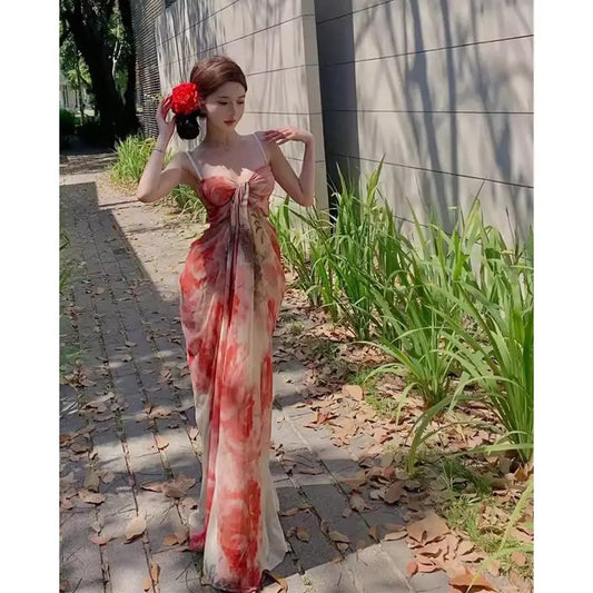 Long Halter Dress for Women Flower Tie-Dye Sweet and Spicy Holiday Style Dresses French Pure Desire Spring and Summer 2024