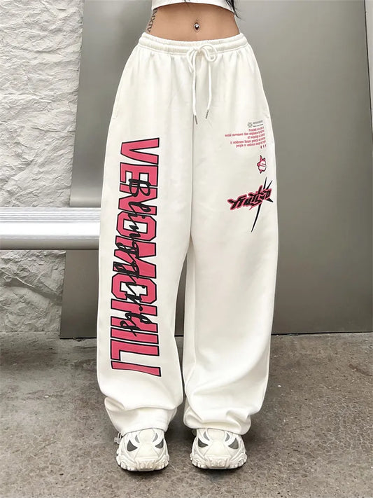 warmmeta Deeptown Korean Y2K White Sweatpants Women Streetwear Kpop Letter Print Sports Pants Oversized Hip Hop Wide Leg Jogging Trousers