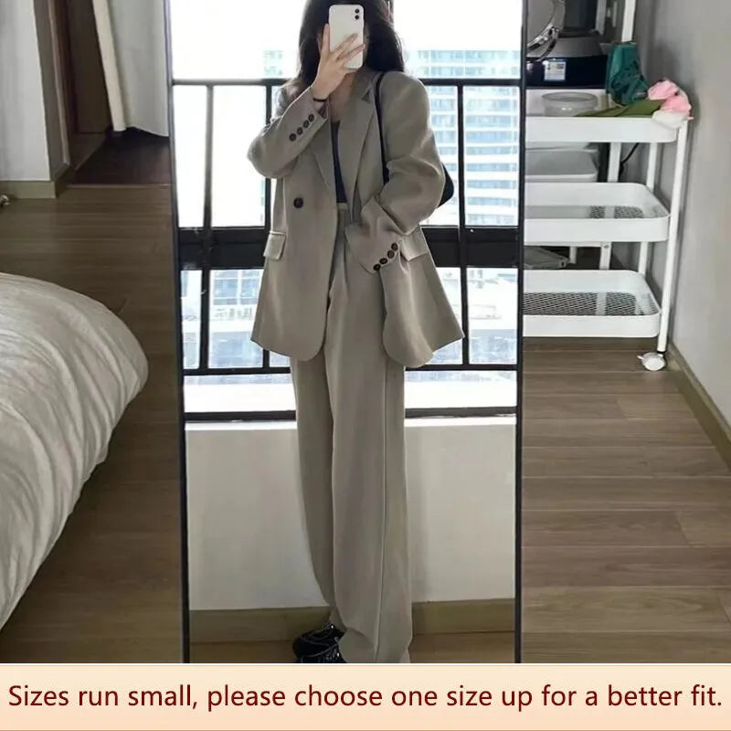 Fashionable Casual High-end Western Clothes Coat Women Spring Autumn Loose Slim Two-piece Western Clothes Set Tea Gray Pants