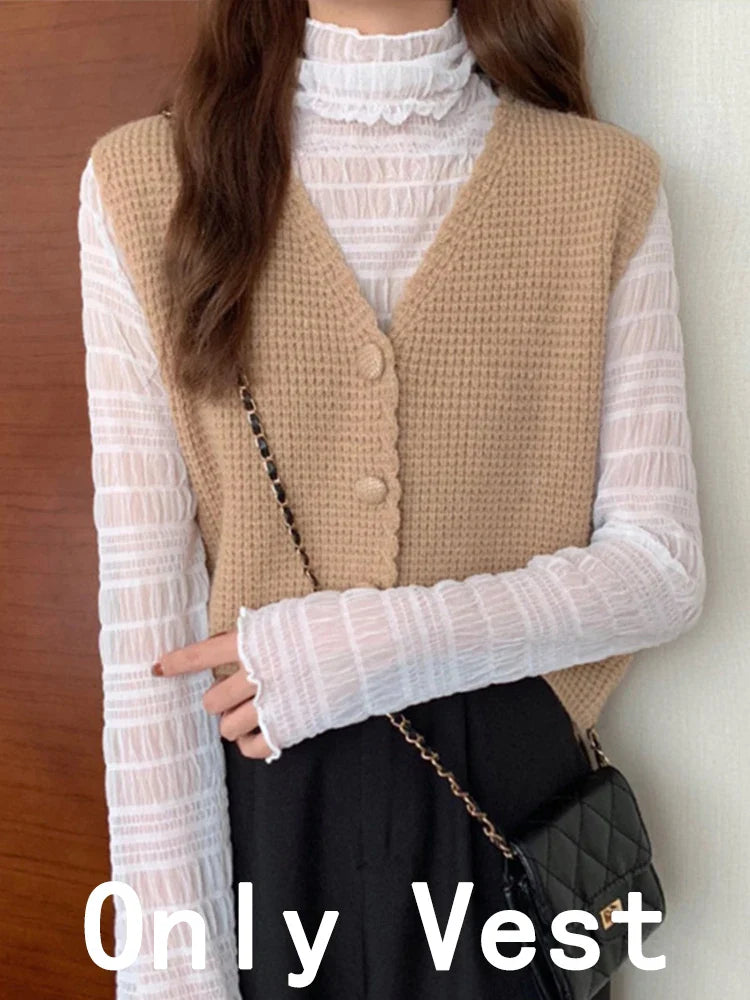 Vintage Sweater Vest Women Autumn Casual Sleeveless Knitted Cardigan Vest Female Korean Fashion Preppy Style Waistcoat Knitwears