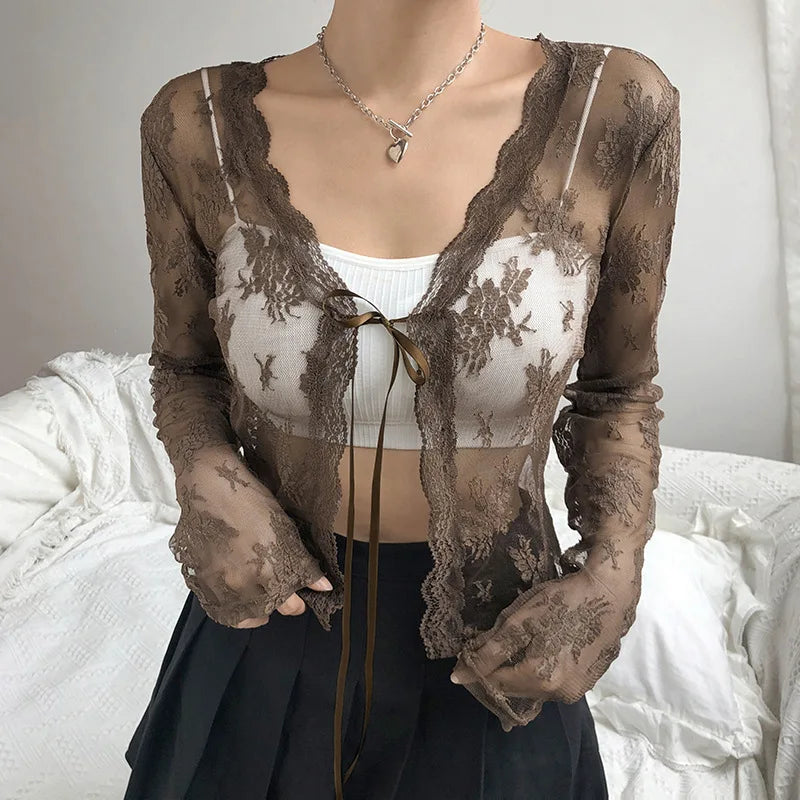 White Autumn T-shirt For Women New Long Sleeves Lace-up Lace Sexy Crop Top Floral Fashion T-shirs Female Streetwear Slim Tops