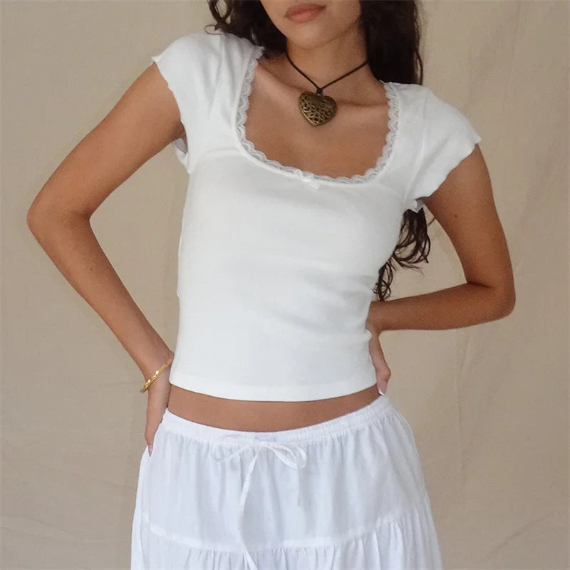 warmmeta Y2k Vintage Baby Tee Cottage Lace Trim Knitted T-Shirt Summer Square Neck Short Sleeve Tee Shirt  Women White Milkmaid Crop Top