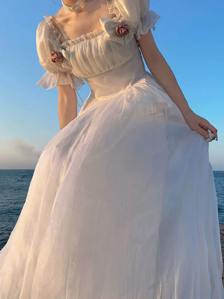 warmmeta-French Elegant Princess White Dress Women Sexy Backless Sweet Vintage Lolita Dress Female 2022 Korean Casual Long Fairy Dresses