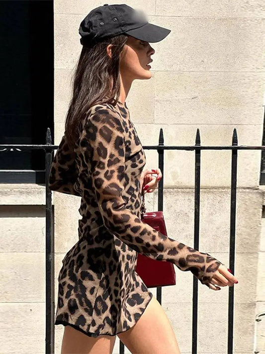 Women's Sexy Leopard Print Mini Dress Fashion O-neck Long Sleeves Slim Short Dresses Ladies 2024 Summer Female Chic Street Robes