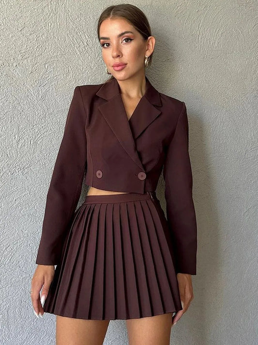 Picsgirl Vintage Solid Color Skirt Set Women New Long Sleeve Cropped Blazer Jacket+mini Pleated Skirts Outfit Street Fashion 2 Piece Sets