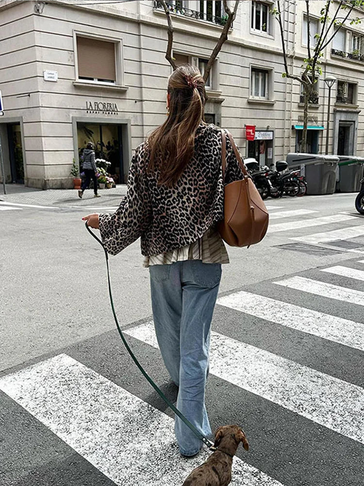 Picsgirl -  Vintage Lapel Collar Leopard Print Coat Women Elegant Loose Long Sleeve Pocket Jacket 2024 Spring Lady Fashion Street Outerwear