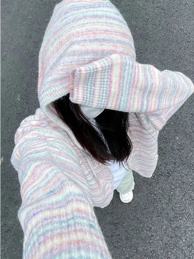 Deeptown Y2K Vintage Striped Knitted Cardigan Women Harajuku Hippie Zipper Oversized Sweater Casual Hooded Tops Coats Streetwear