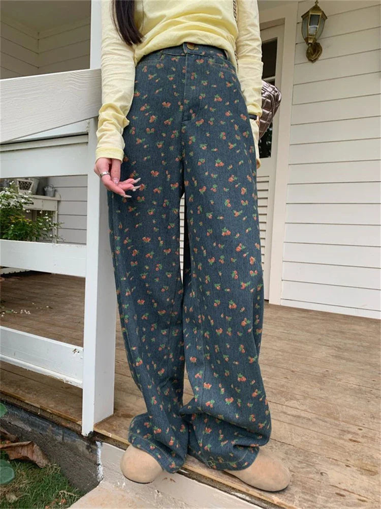 Women's Retro Floral Pattern High Waisted Wide Leg Jeans Summer Cool Girl Bottoms Thin Pants Female Printed Baggy Denim Trousers