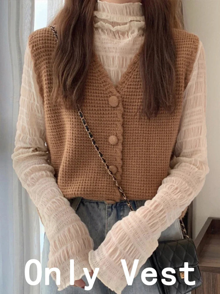 Vintage Sweater Vest Women Autumn Casual Sleeveless Knitted Cardigan Vest Female Korean Fashion Preppy Style Waistcoat Knitwears