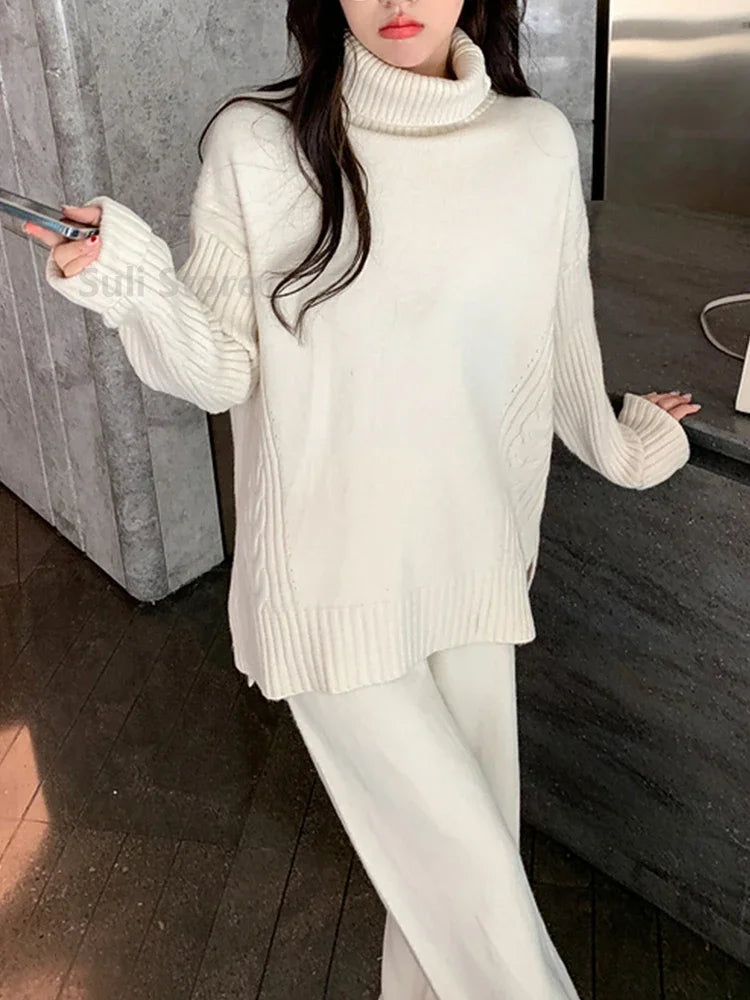 Sweater Set Warm suit for Women Winter Knitted Suits 2 Piece Set Soild Turtleneck Sweater + Loose Trousers Office Lady Suit