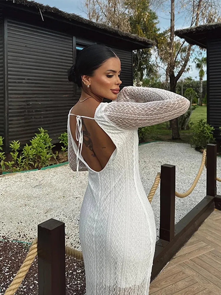 Summer Elegant White Perspective Sunscreen Dress Women Sexy Backless Lace Up Long Sleeve Dresses Chic Female Party Beach Robe