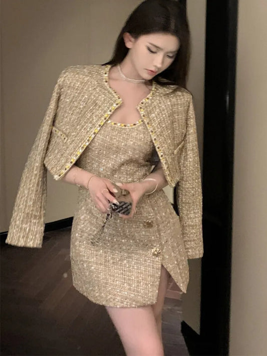 Gold Tweed 2 Piece Suit Jacket for Women 2023 Autumn Winter Luxury Designers Elegant Wool Coat + Strap Mini Dress Korean Fashion