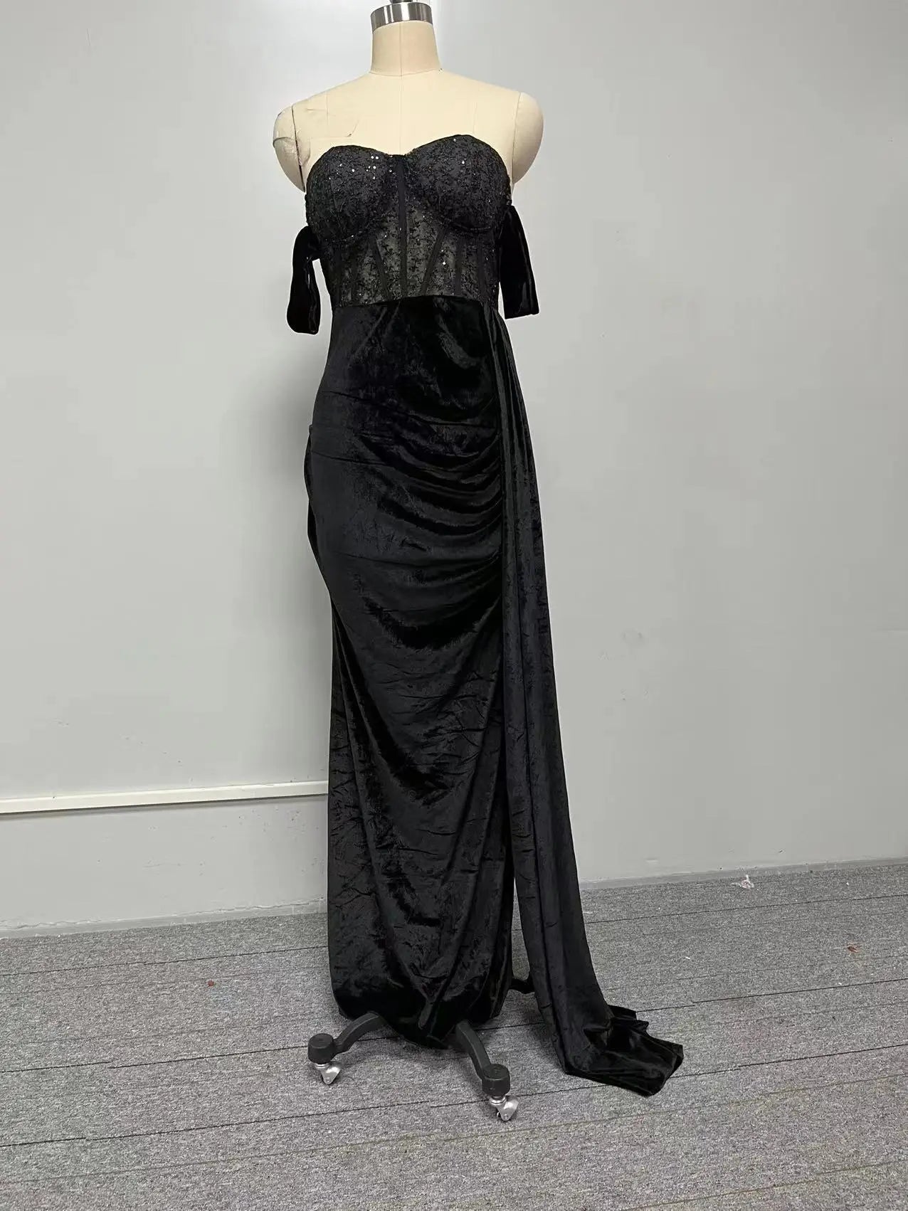 Sexy Backless Evening Party Dress for Women Black Lace Chest Wrapping Off the Shoulder Split Mermaid Prom Gown Maxi Dresses