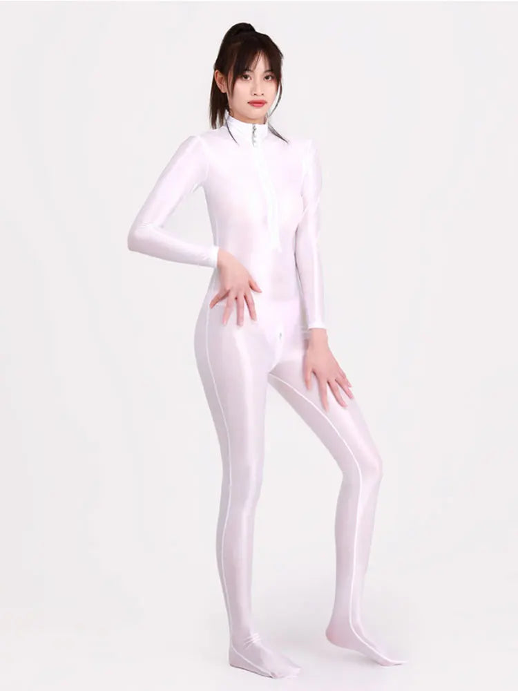 warmmeta Women Oily Glossy Long Sleeve Elastic Bodysuit Bodycon Rompers One-piece Swimsuit Silky Tights Satin Pantyhose Jumpsuits Thong