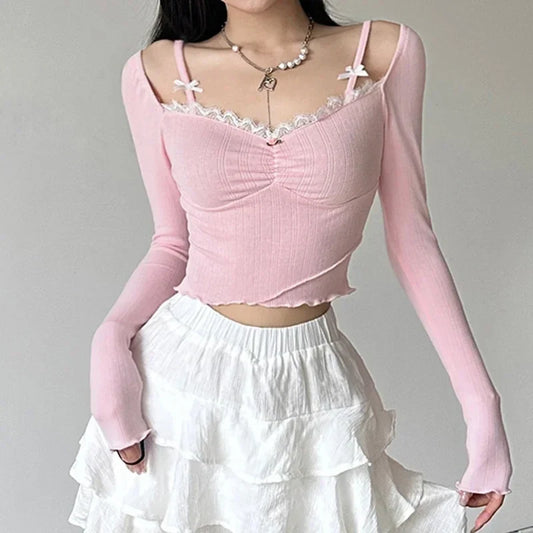 warmmeta-Sweet Lace Stitching V-neck Skinny Top Pink Coquette Aesthetic Slim-fit Long Sleeve Knitted T-shirts Cute Casual Tees