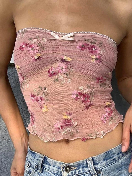 Women Flower Embroidery Tube Tops Bandeau Strapless Wrap Chest Tank Tops Sexy Backless Crop Tops Vintage 90s Club Streetwear Y2k