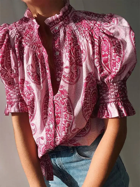 Elegant Print Pleated Shirt For Women Vintage Stand Collar Puff Sleeve Single Breasted Shirts Female Fashion Commuting Blouse