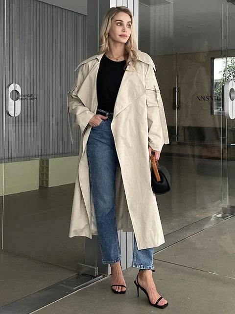 2023 Spring Autumn New Designer Korea Women's windbreaker Maxi Long Trench Coat Cotton Outerwear