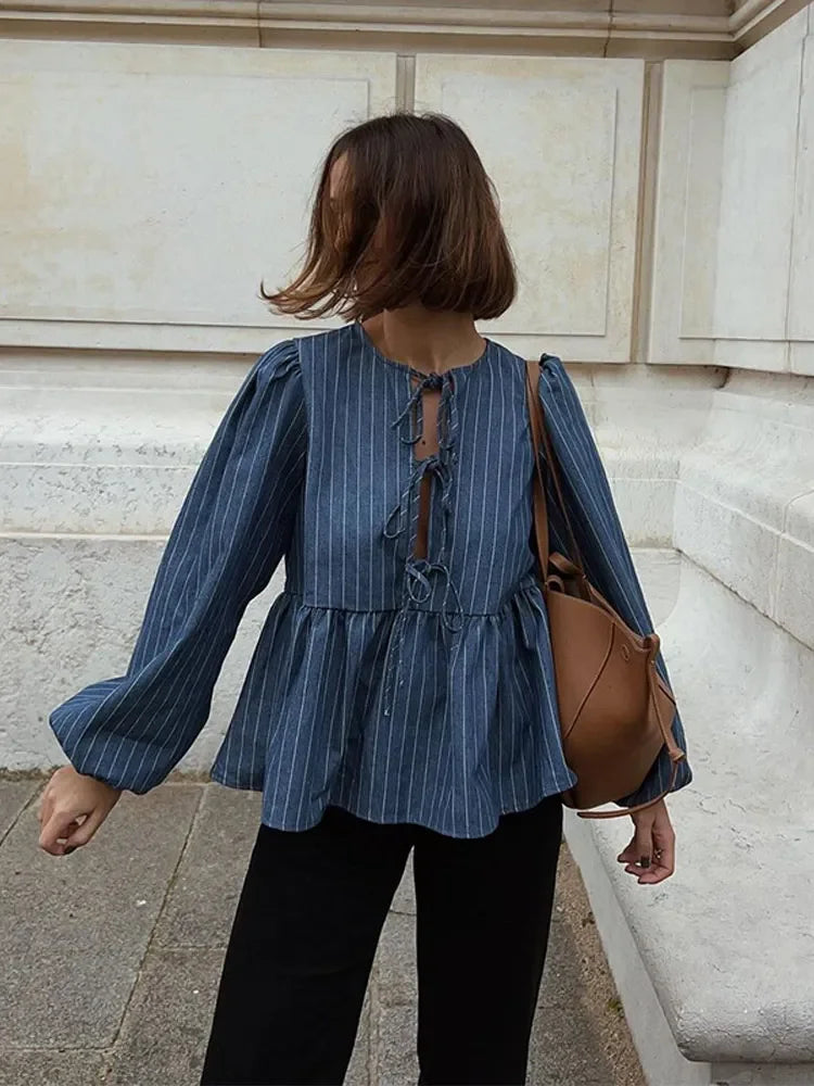 Striped Print Lace Up Ruffles Shirt Women Loose Round Neck Puff Sleeve Tops 2024 Spring Summer Fashion Female Street Blouse