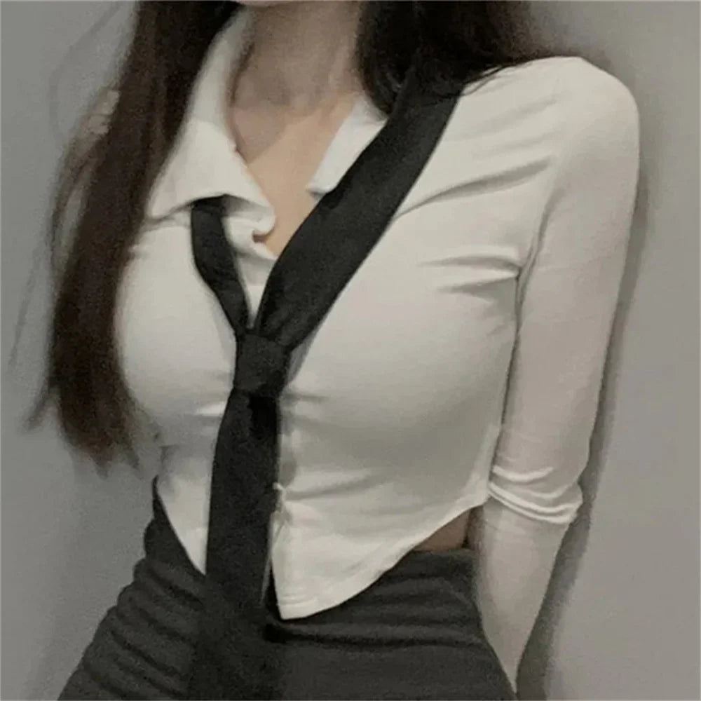 warmmeta Korean Fashion  New Spring/Summer Sexy Girl Short Sleeve Preppy Style Slim JK Bandage Shirt Women's Bow Tie Neck Blouse Top