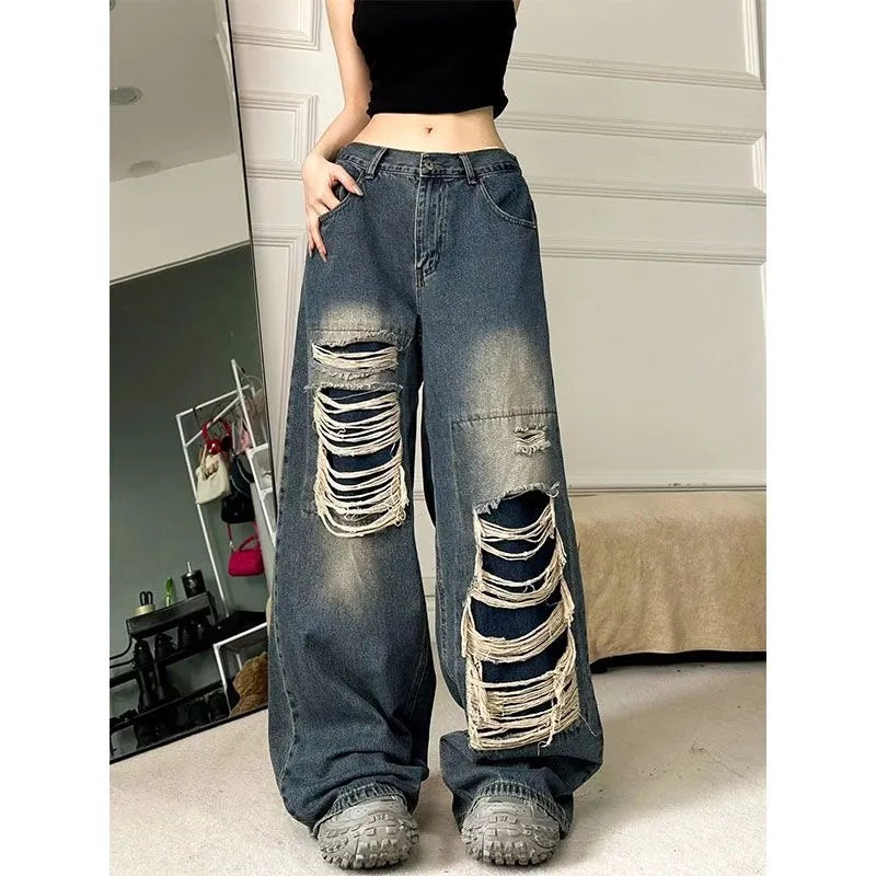 Ripped Baggy Jeans For Women 2023 Summer streetwear Fashion High Waist Boyfriend Jeans For Women Gothic Denim Pants Woman