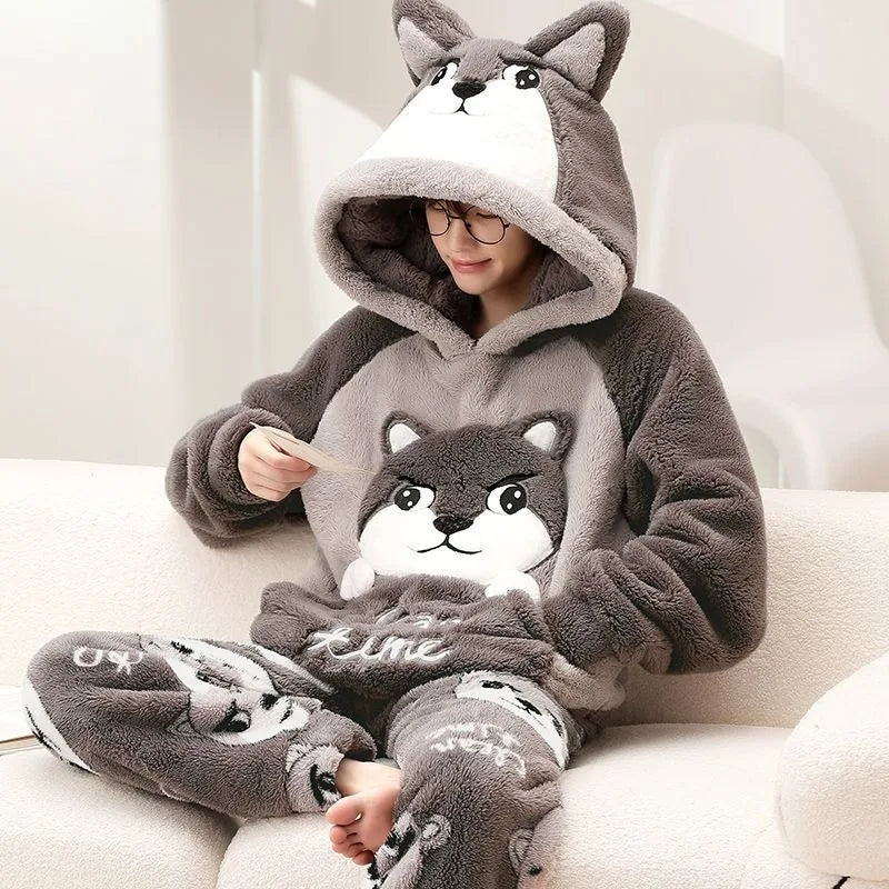 Autumn Winter Homewear Coral Fleece Men Pajamas Thick Fur Flannel Cartoon Male Loungewear Sets Plus-size Loungewear Suit Pyjamas