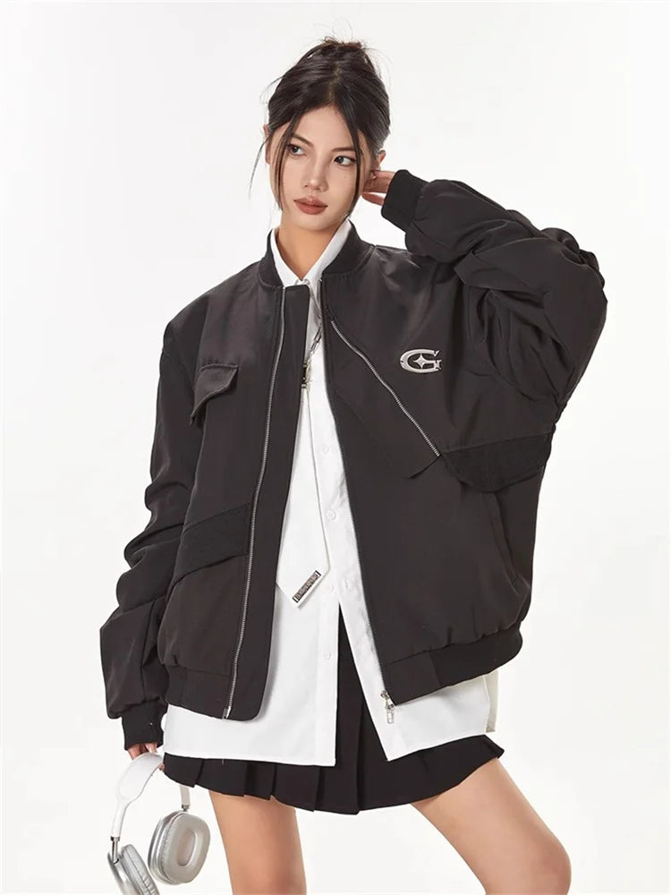 QWEEK Cyber Y2K Gray Bomber Jacket Women American Retro Streetwear Outerwear Oversized Harajuku Egirl 90s Vintage Black Coat