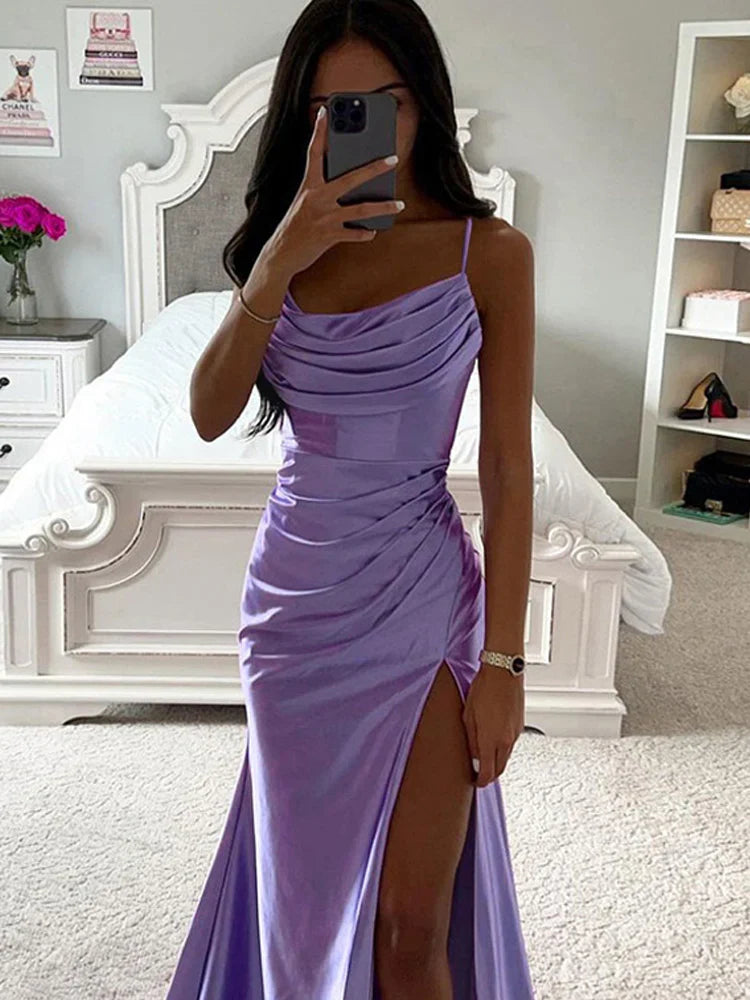 WARMMETA Satin Backless Side Split Maxi Dress Women 2024 Summer Sexy Slim Off Shoulder Ruched Bodycon Female Party Evening Dresses