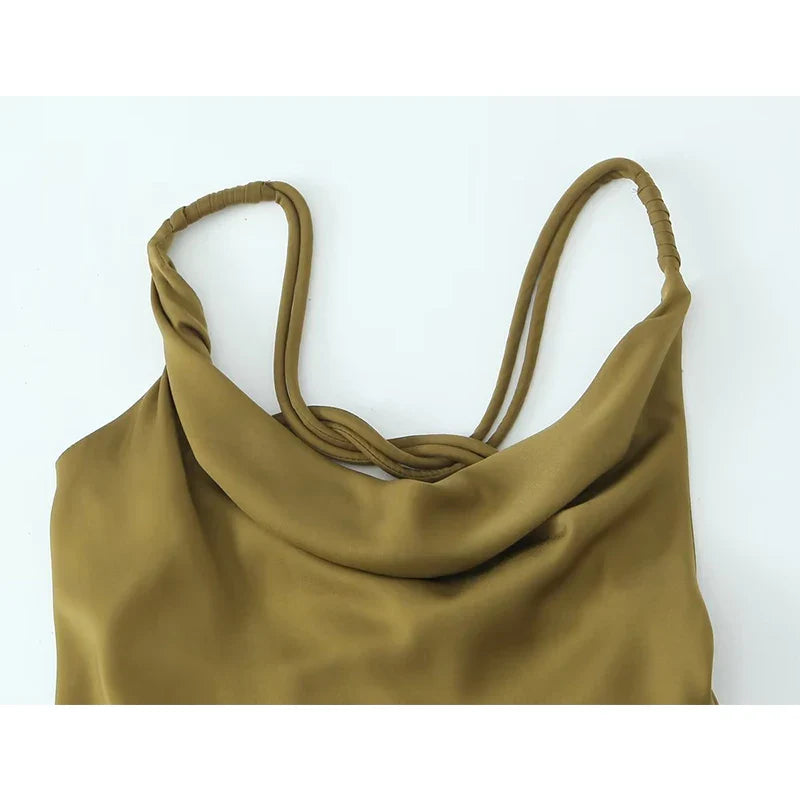 warmmeta-Sexy Women Olive Green Backless Swinging Collar Satin Slip Dress