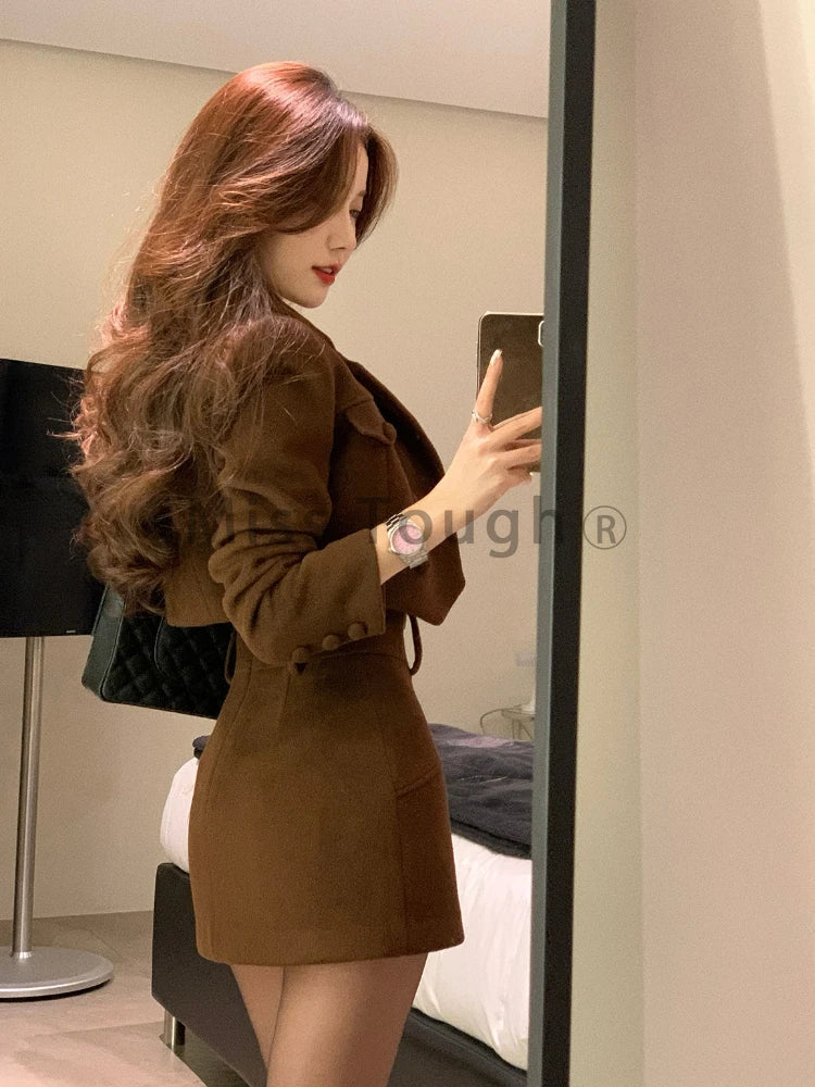 Winter Warm Elegant Strap Skirt Suit Women Brown France Vintage 3 Piece Set Female Korean Fashion Casual Designer Party Set 2023