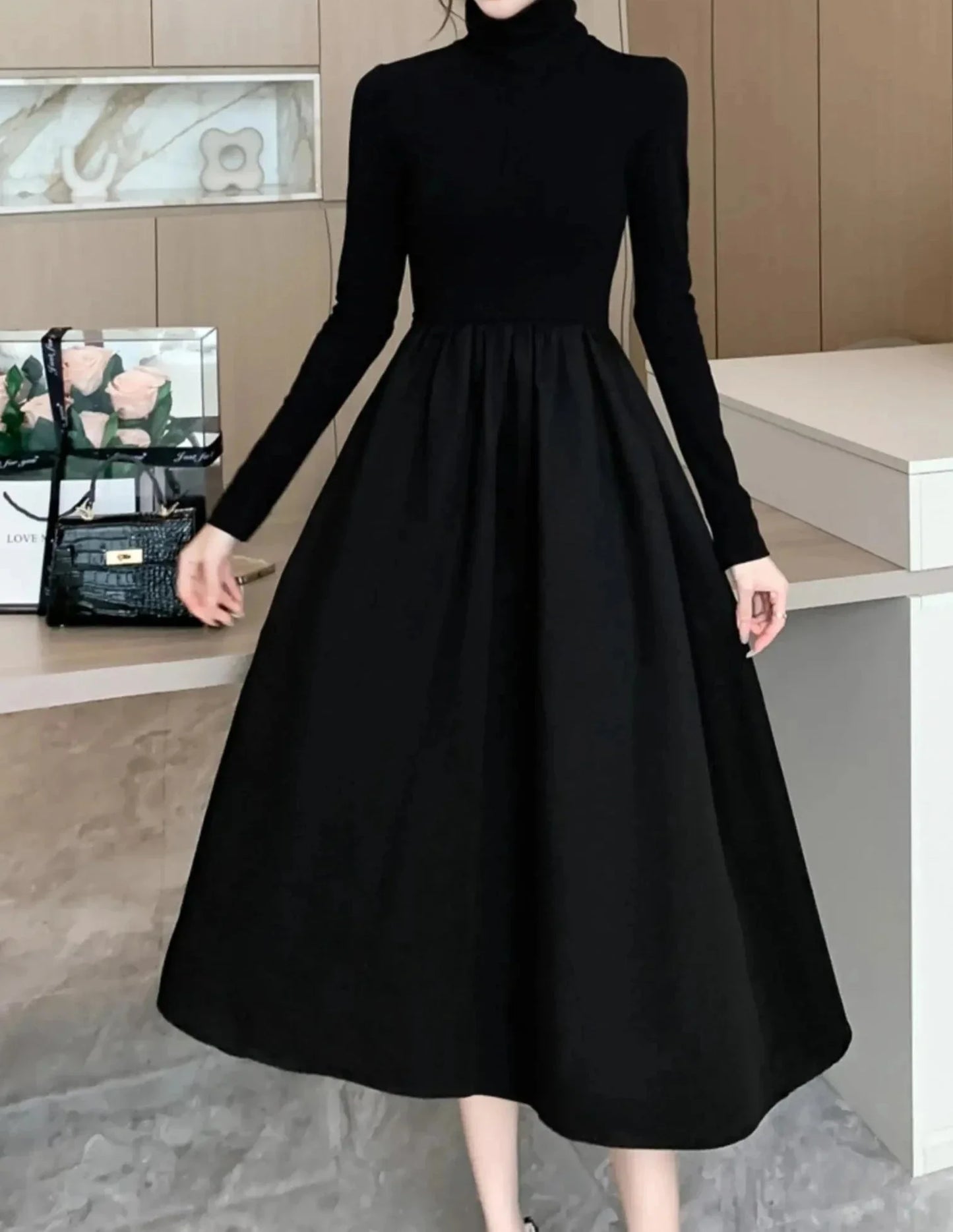 warmmeta Women Winter Turtleneck Black Midi Dress Korean Elegant Long Sleeve A-line Slim Vestidos Autumn Office Lady Casual Robe Clothes