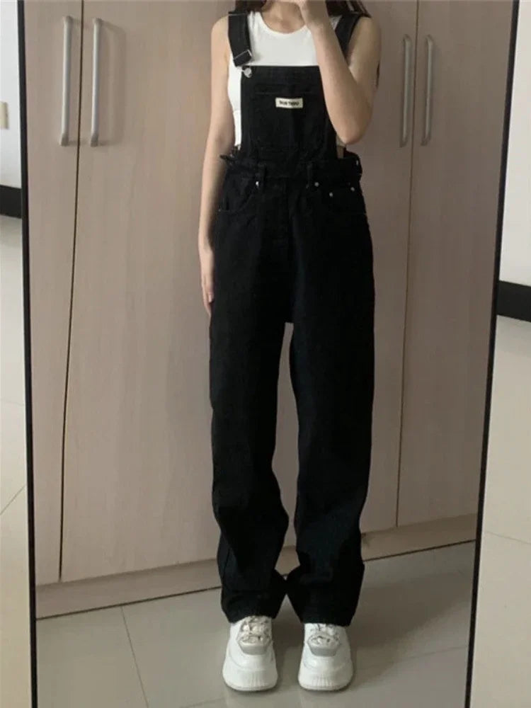 warmmeta 2 Denim Jumpsuit Women Loose Vintage Preppy Style Overalls Female Fashion Streetwear Chic Girls Popular Harajuku