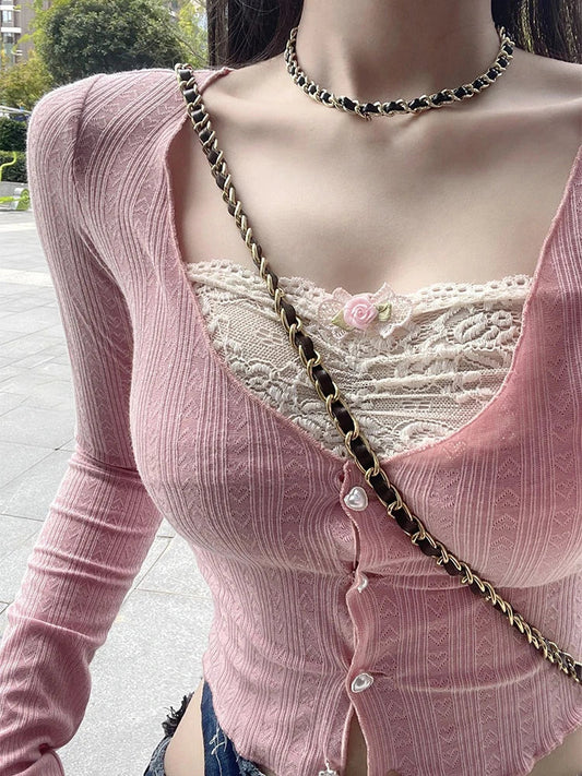 Korean Fashion Crop Top Women Spring Long Sleeve Knitted T-Shirt Ulzzang Sweet Cute Pink Lace Patchwork Slim Y2K Aesthetic Tees