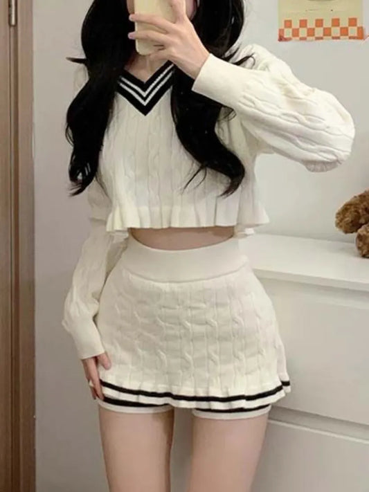 Gtadme Korean Fashion Y2k 2 Piece Set Woman Casual Knitting Sweater Tops + Slim Bodycon Mini Skirts Elegant Solid Suit Office Lady Chic