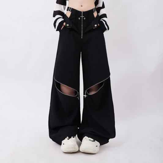 Black Cargo Pants Female Summer Casual Original Retro Multi Zip Pocket Two Wear Design Drawstring Casual Oversized Trousers