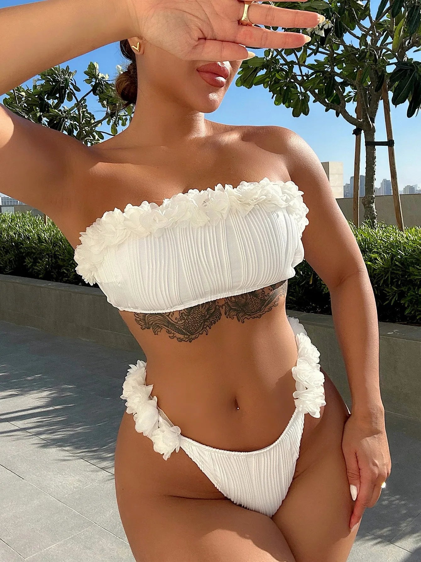 New White Floral Ruffles Swimsuit Women Sexy Off Shoulder Embroidery Bikini Set Push Up Thong Backless Swimwear Beachwear