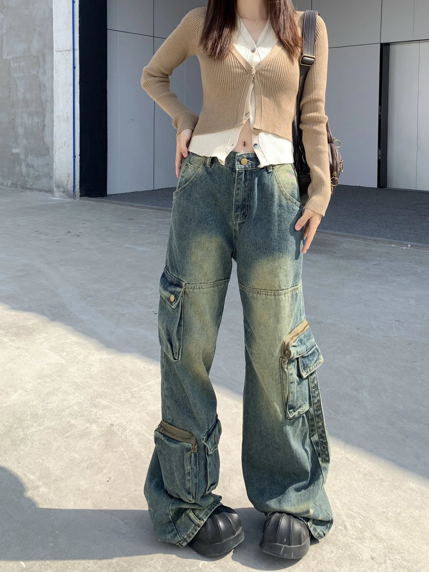 Autumn Winter New Ladies Cargo Jeans American Street Style Baggy Cargo Pants Women Blue Multi-pocket Wide Leg Jeans for Women