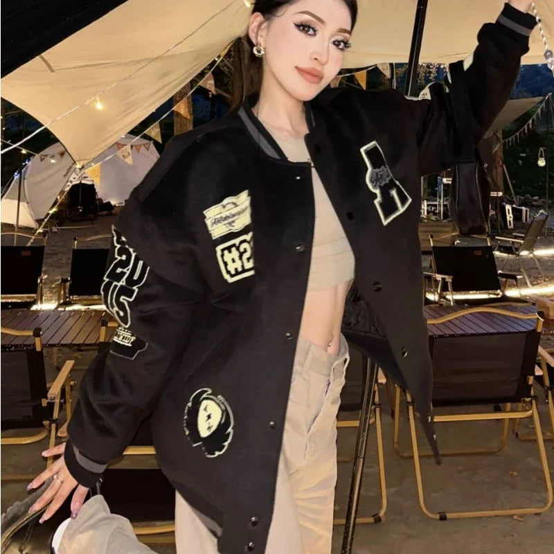 Deeptown Vintage Baseball Varsity Jacket Women Oversized Streetwear Casual Embroidery Bomber Black Jackets College Autumn Winter