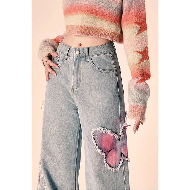 Blue Women Jeans High Street Vintage Straight Pants Streetwear Y2K Embroidery American Fashion Female Wide Leg Denim Trouser