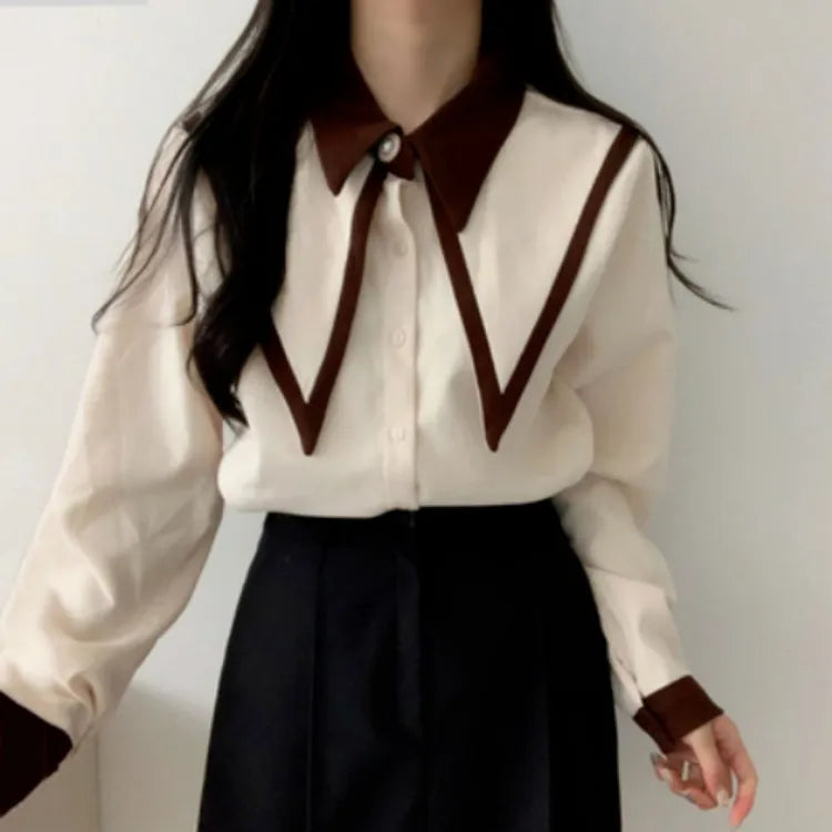 Elegant Vintage Edge Piping Peaked Collar Shirts Women Spring Loose Puff Sleeve Blouses Simple Single Breasted Tops