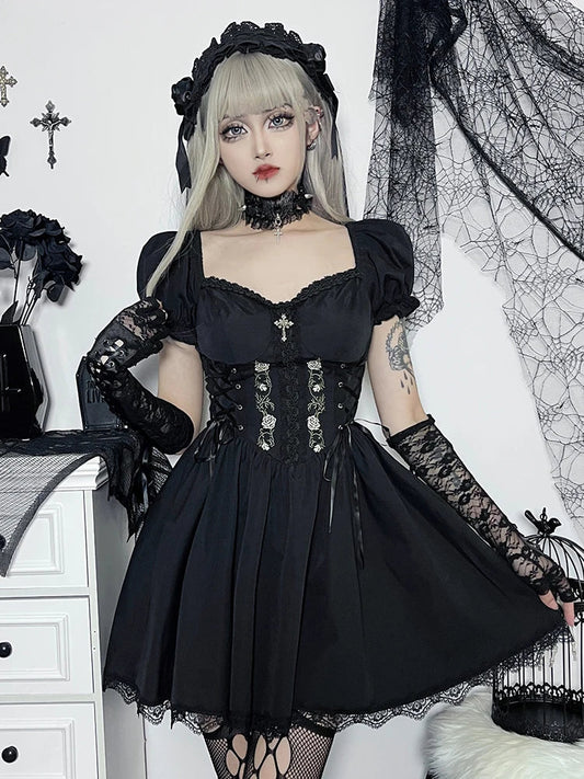 WARMMETA Vintage Gothic Princess Dress Women Dark Harajuku Lace Up Cross Corset Dress Streetwear Partywear Lolita Dress Female