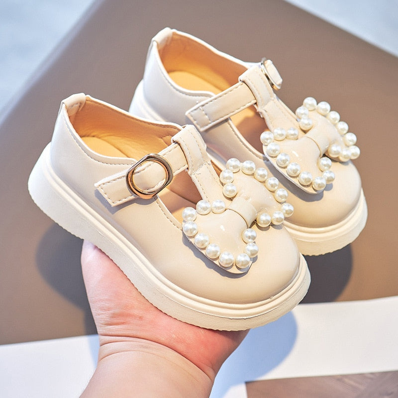 Kids Fashion Moccasins Shoes Autumn New Girls Princess Shoes Butterfly-knot Pearls Pink Shoes Children Retro Mary Jane Shoes