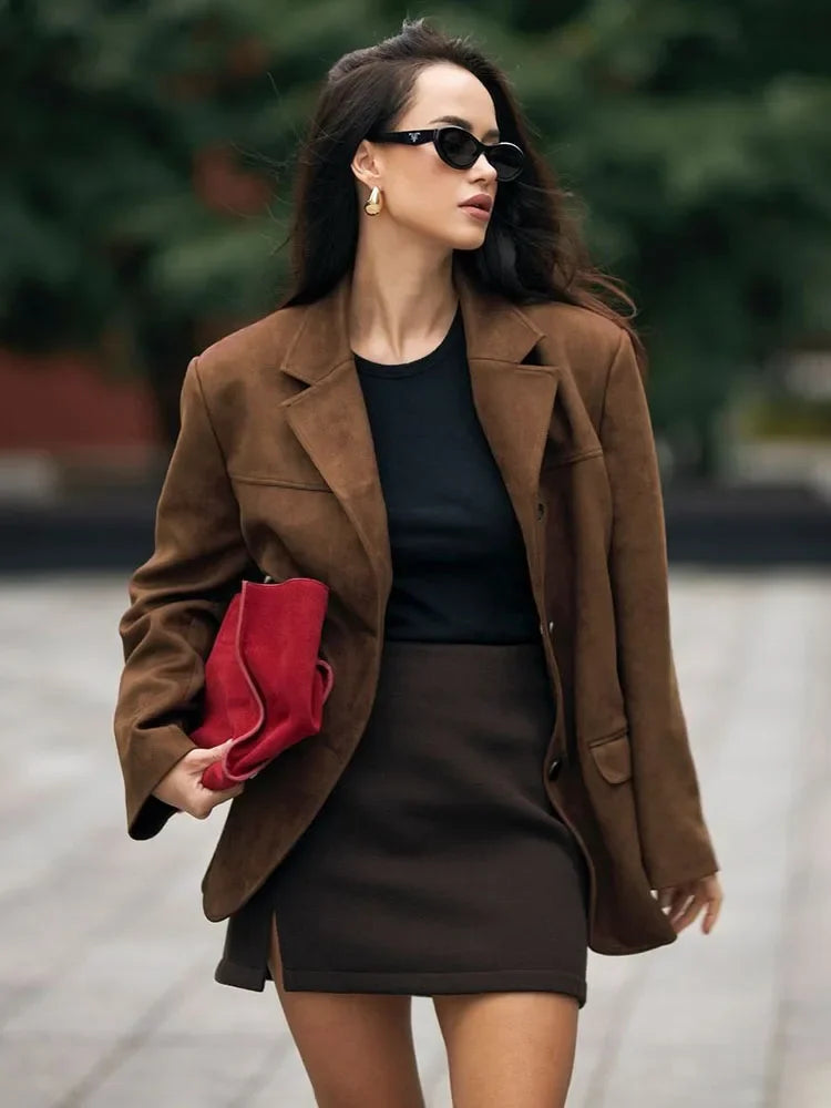 Retro Brown Lapel With Pocket Jacket Woman Fashion Buttons Long Sleeve Short Coat Female Autumn High Street Outwear